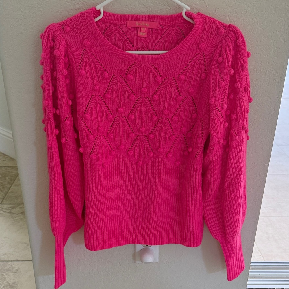 Lilly Pulitzer Hot Pink Pom-Pom Knit Crewneck Sweater